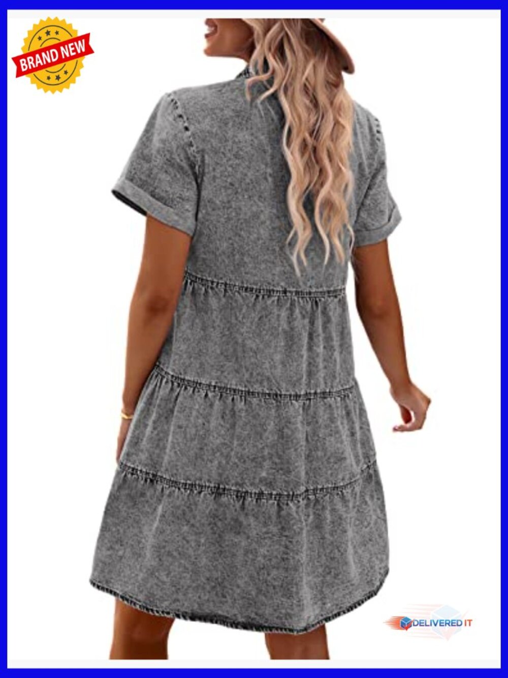 Denim Babydoll Tiered Swing Dress, Short Sleeve, Button Down, Cotton Blend - Picture 2 of 7